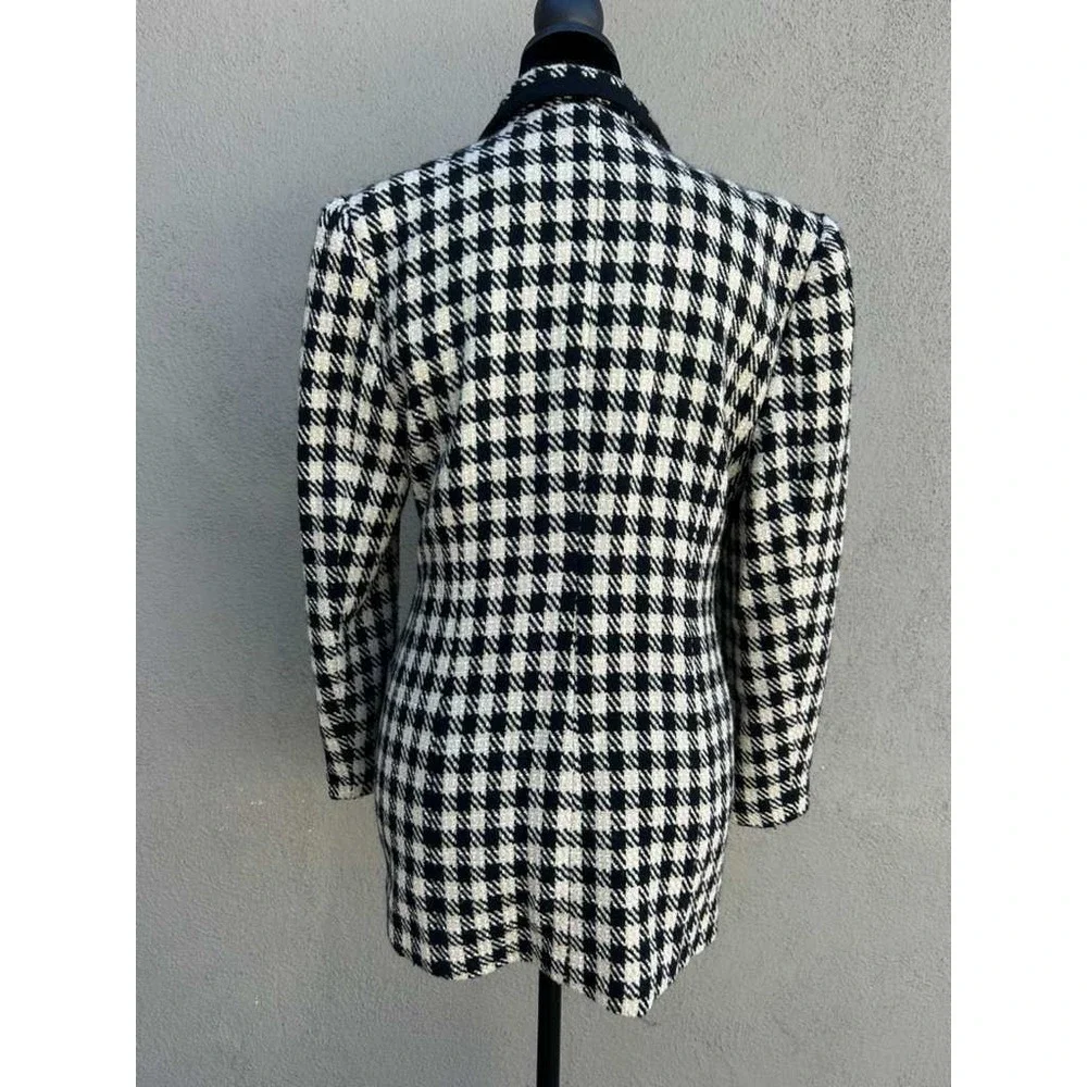 B High Collection Vintage Houndstooth Metallic Gold Button Blazer Black Cream 66